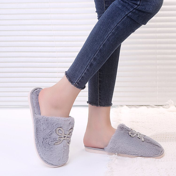 2024 new winter home cotton slippers indoor flat warm plush cotton slippers for men and women rhinestone toe cotton slippers