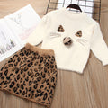 Girls' mink fleece sweater set - new  autumn/winter collection: cat embroidery long sleeve top & leopard print skirt two-piece outfit