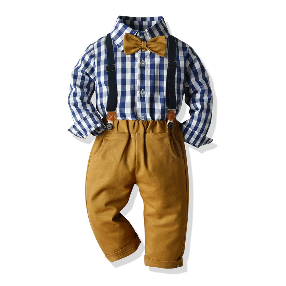 Kids' autumn plaid shirt & overalls set - korean style boys' gentleman outfit - in stock & wholesale