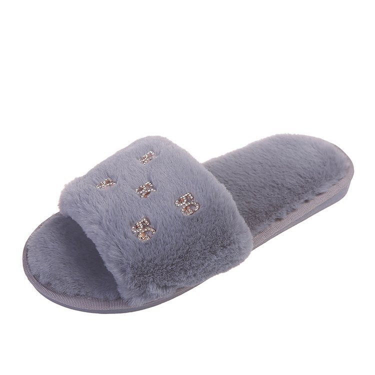 K-styleflatsstuffedoutwearfall and winter shoes slippersfashion2024new arrivalautumnet celebrity one-line slippers furry slippers for women