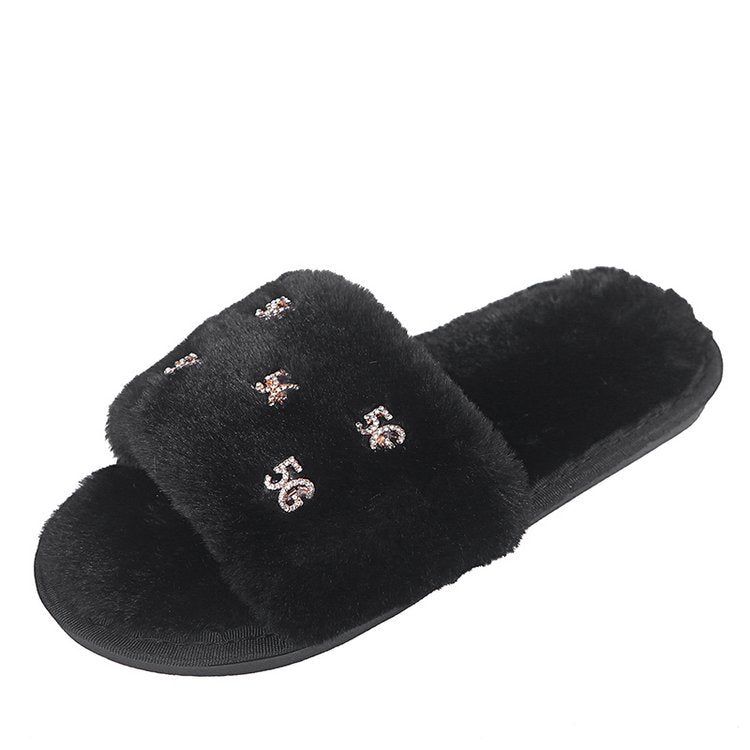 K-styleflatsstuffedoutwearfall and winter shoes slippersfashion2024new arrivalautumnet celebrity one-line slippers furry slippers for women
