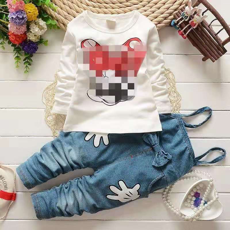 autumn korean style girls' cartoon cat denim cotton long-sleeve overalls two-piece kids' outfit set