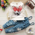 autumn korean style girls' cartoon cat denim cotton long-sleeve overalls two-piece kids' outfit set