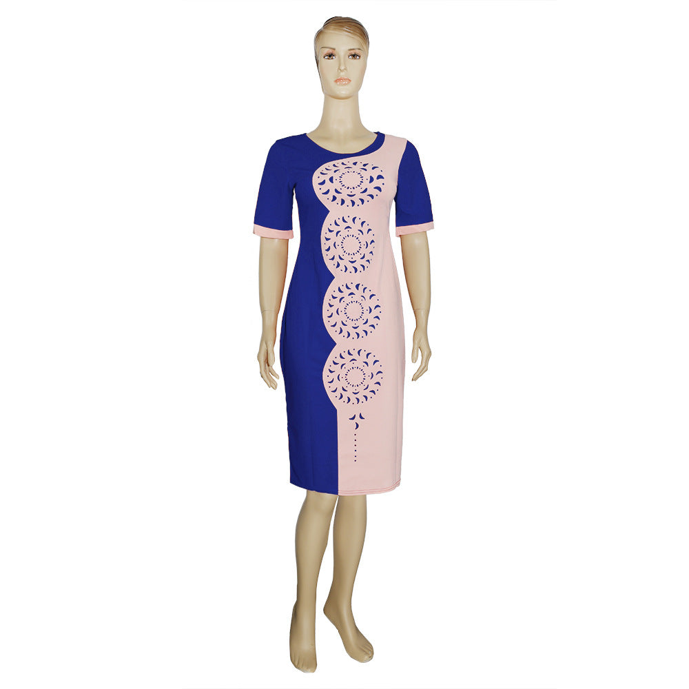 foreign trade clothing   african plus size women's clothing double color burnt flower cut out round neck dress