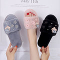 Fall and winternew arrivalstuffed open-toe slippers handmade pearl rhinestone white women's home flower flip-flops heattech