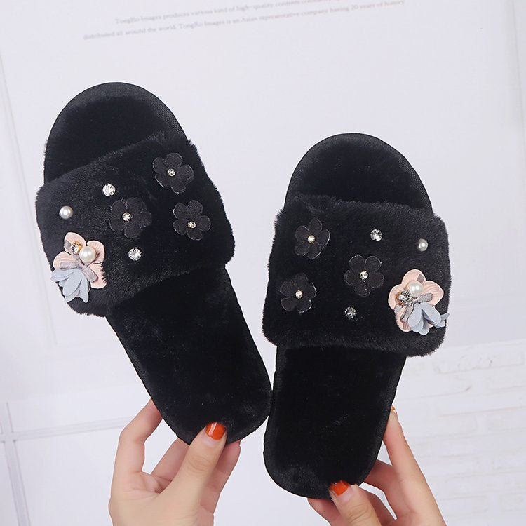 Fall and winternew arrivalstuffed open-toe slippers handmade pearl rhinestone white women's home flower flip-flops heattech