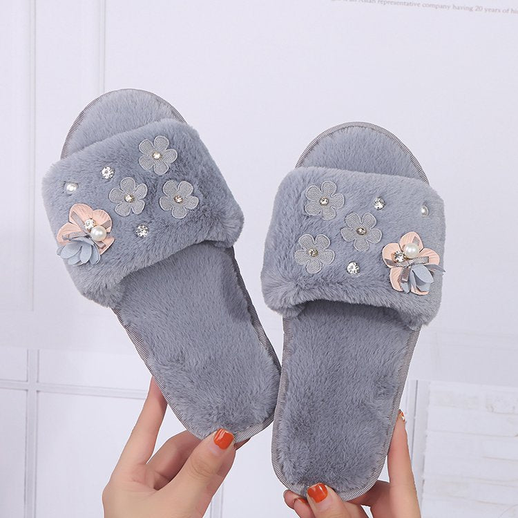 Fall and winternew arrivalstuffed open-toe slippers handmade pearl rhinestone white women's home flower flip-flops heattech