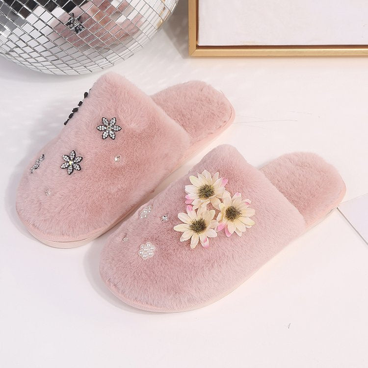 Korean style floral plush closed-toe slippers - women's comfortable, durable, indoor pearl home slippers