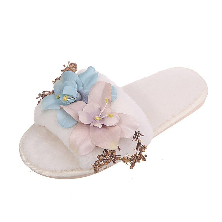 Factory direct women's fuzzy slippers - new autumn/winter collection: fabric flower design, korean style, plush, warm, indoor/outdoor wear
