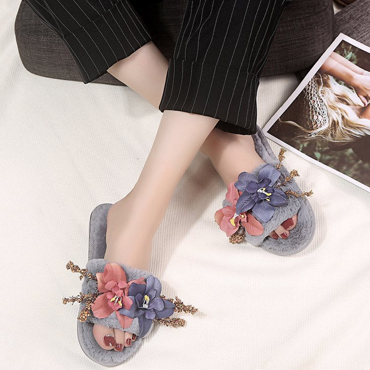 Factory direct women's fuzzy slippers - new autumn/winter collection: fabric flower design, korean style, plush, warm, indoor/outdoor wear
