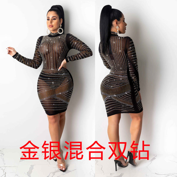 Spot! K8865 European and American sexy, perspective, hot diamond long-sleeved dress nightclub