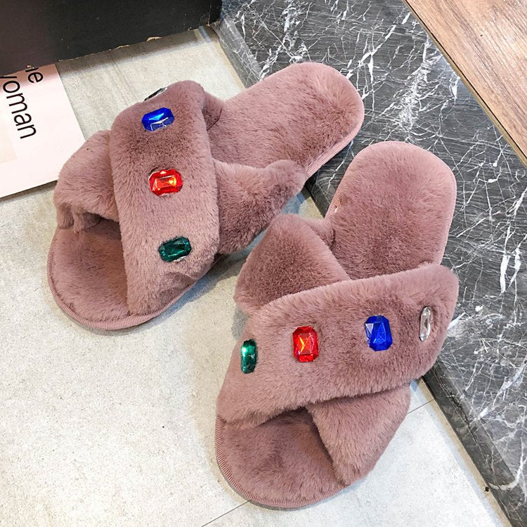 Export 2024new arrivalall year round slippers women's flats cross stuffed indoor home open rhinestone fur slippers cotton slippers