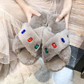 Export 2024new arrivalall year round slippers women's flats cross stuffed indoor home open rhinestone fur slippers cotton slippers
