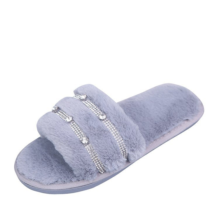 New women's fuzzy slippers wholesale - korean style one-strap cotton slippers, home & outdoor wear, rhinestone flat bottom plush slippers for women