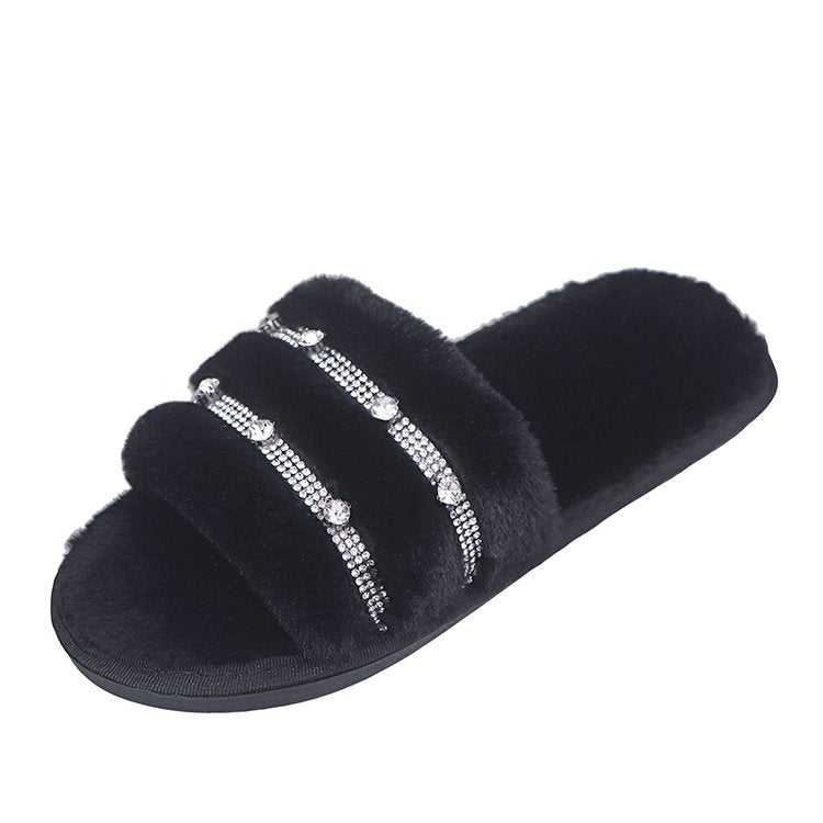 New women's fuzzy slippers wholesale - korean style one-strap cotton slippers, home & outdoor wear, rhinestone flat bottom plush slippers for women