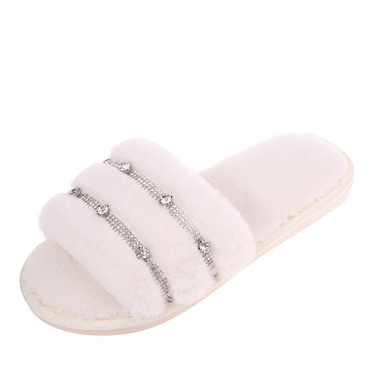 New women's fuzzy slippers wholesale - korean style one-strap cotton slippers, home & outdoor wear, rhinestone flat bottom plush slippers for women