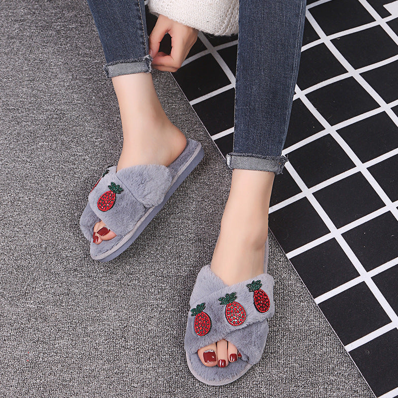 Furry slippers for women outwear 2024 autumn winternew arrivalpopularfashion rhinestone pineapple cross fur slippers ins trend