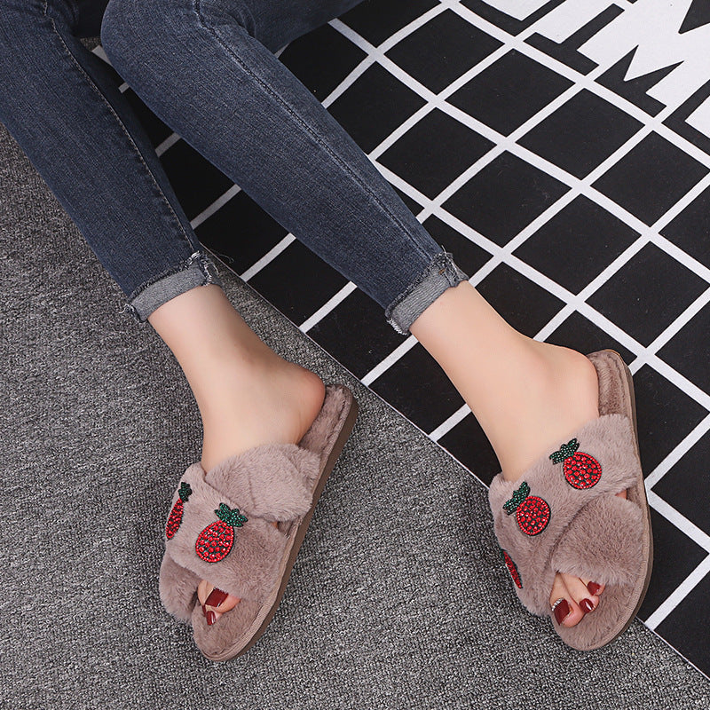 Furry slippers for women outwear 2024 autumn winternew arrivalpopularfashion rhinestone pineapple cross fur slippers ins trend