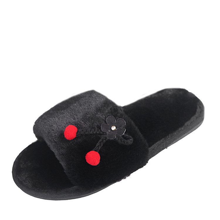 2024new arrival fur slippers women's fall and winter home women's shoes flats cherry outwear indoor one-line slippers stuffed slippers