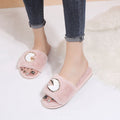 2024 fall/winter new trendy fuzzy slippers for women, outdoor wear, flat one-strap slides, chunky metal sole, korean style fuzzy shoes