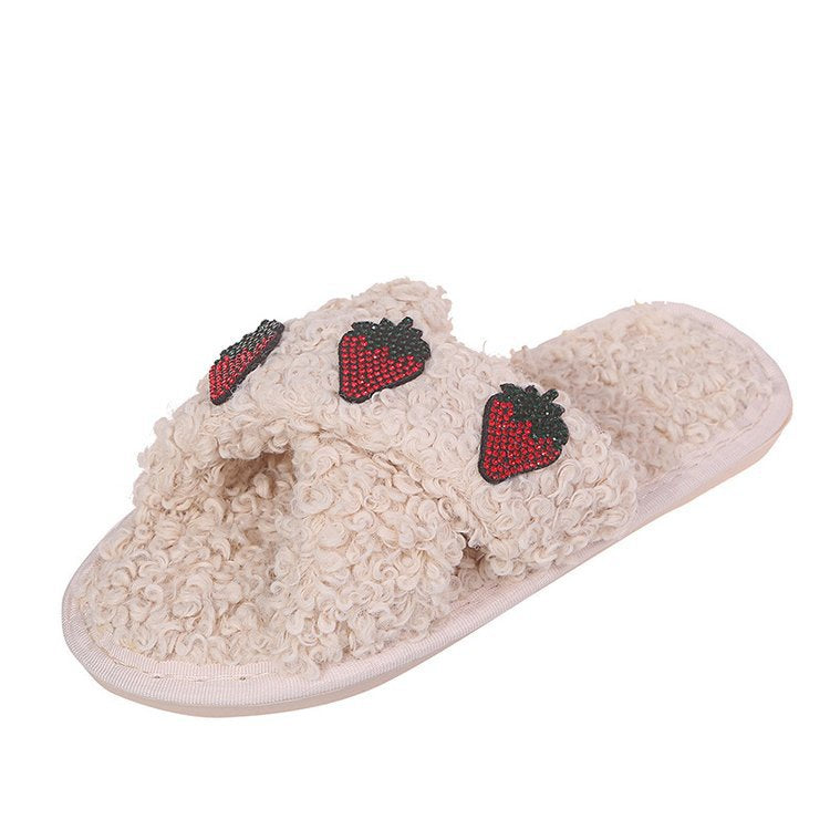 Women's slippers - 2024 autumn/winter collection: korean style fashionable lambswool thong sandals, cross-strap flat, lazy slippers