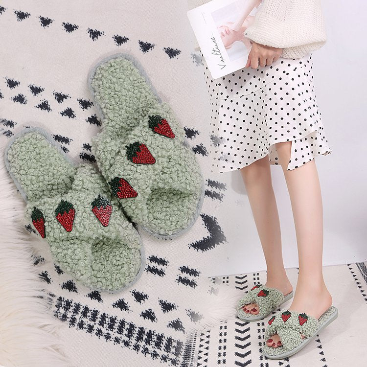 Women's slippers - 2024 autumn/winter collection: korean style fashionable lambswool thong sandals, cross-strap flat, lazy slippers