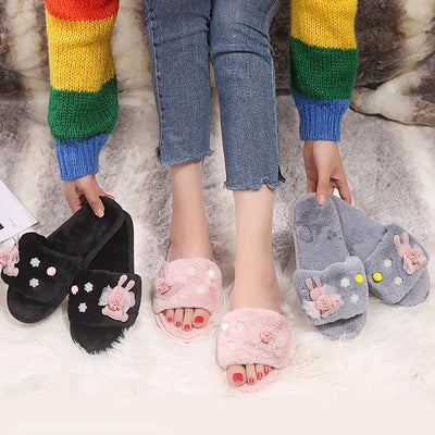 2024 fall/winter new japanese-style fuzzy slippers with floral design, rhinestone accents, warm and soft, single-strap flip-flops, trending online