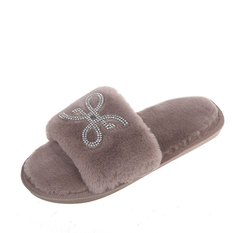 Women's slippers - autumn/winter indoor flat warm slides with rhinestone detail, fashionable open toe, comfortable lazy slippers with furry trim