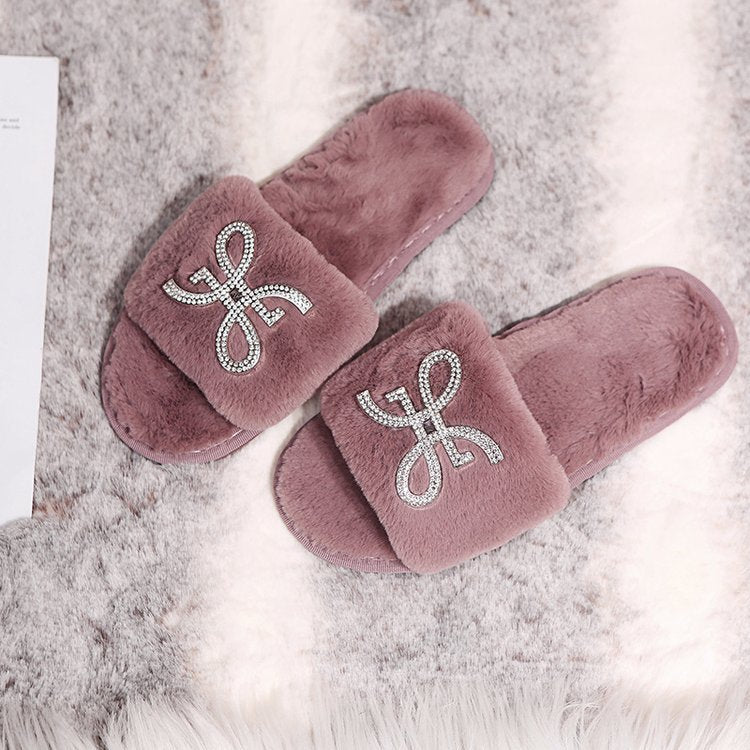 Women's slippers - autumn/winter indoor flat warm slides with rhinestone detail, fashionable open toe, comfortable lazy slippers with furry trim