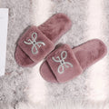 Women's slippers - autumn/winter indoor flat warm slides with rhinestone detail, fashionable open toe, comfortable lazy slippers with furry trim