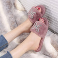 Women's slippers - autumn/winter indoor flat warm slides with rhinestone detail, fashionable open toe, comfortable lazy slippers with furry trim