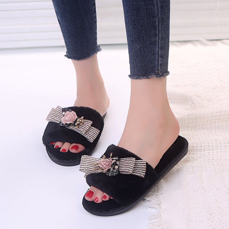 2024 light wind new arrival open slippers one word heattech women's fur slippers fall and winterfashiontrendy street cotton slippers