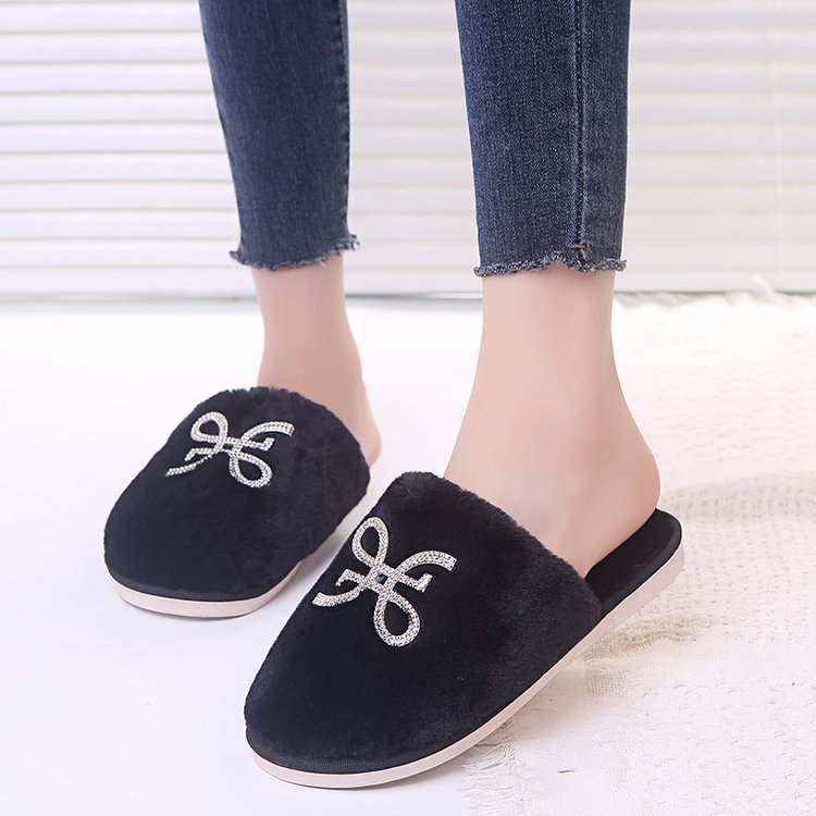 2024 new winter home cotton slippers indoor flat warm plush cotton slippers for men and women rhinestone toe cotton slippers