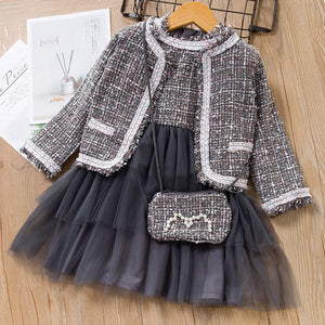 Girls' dress autumn new arrivals: korean & japanese style chic chanel-inspired three-piece set, girls' outfit, children's clothing, princess dress