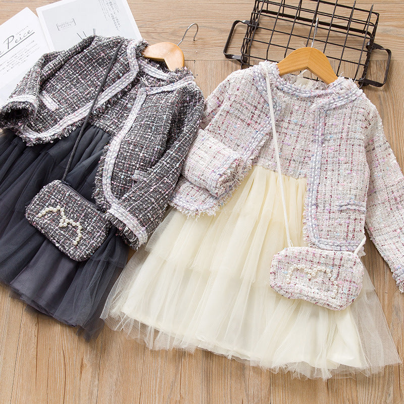 Girls' dress autumn new arrivals: korean & japanese style chic chanel-inspired three-piece set, girls' outfit, children's clothing, princess dress