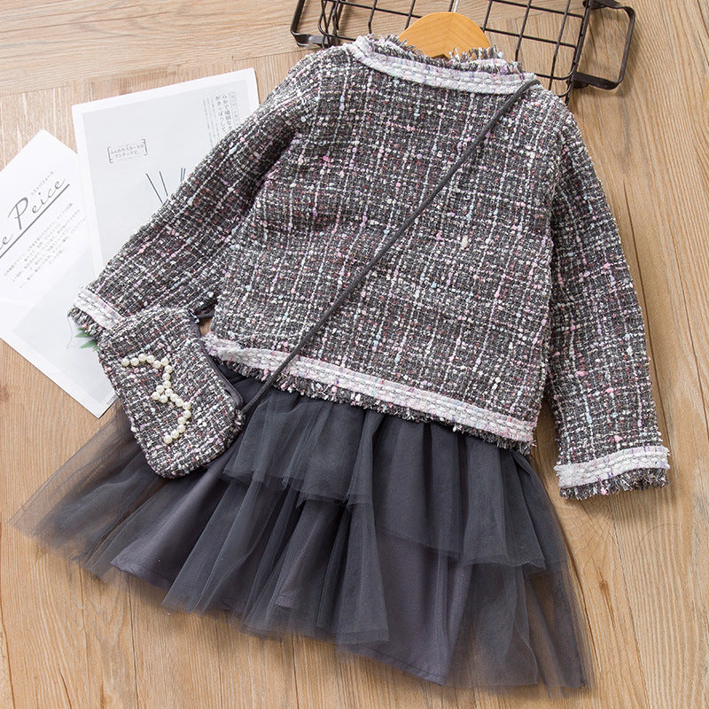 Girls' dress autumn new arrivals: korean & japanese style chic chanel-inspired three-piece set, girls' outfit, children's clothing, princess dress