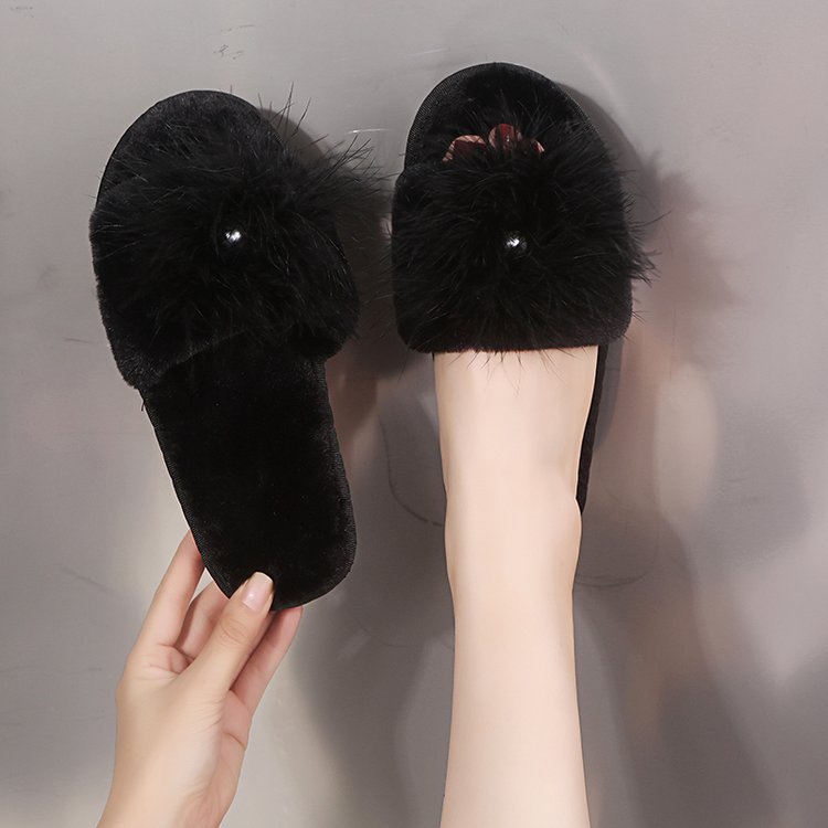 2024 new korean style women's cotton slippers - fashionable ostrich feather indoor/outdoor home slippers - autumn/winter women's warm slippers