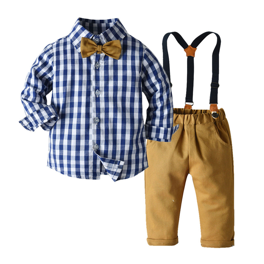 Kids' autumn plaid shirt & overalls set - korean style boys' gentleman outfit - in stock & wholesale