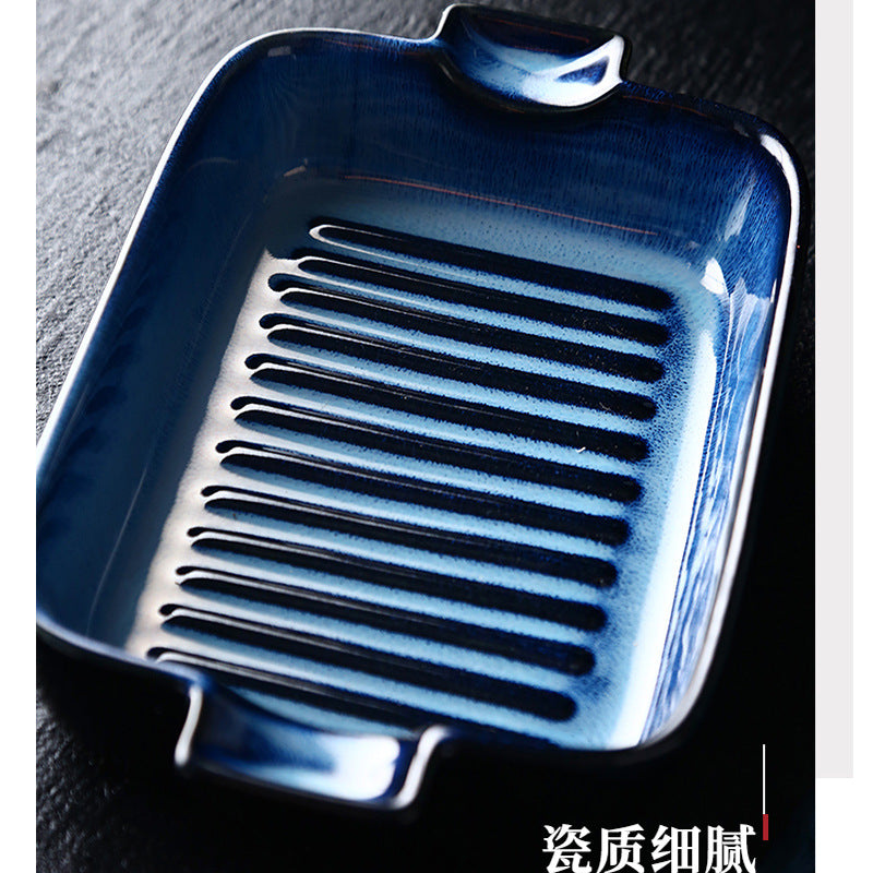 Creative kiln-turned double-ear ceramic baking dish, baking tool, cheese rice, pizza plate, pasta plate, factory direct sales