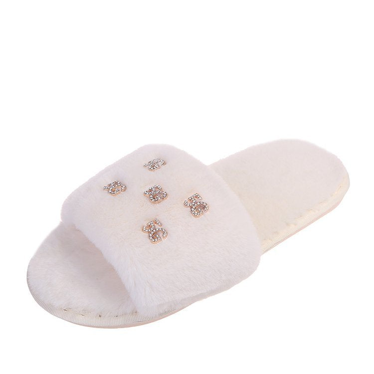K-styleflatsstuffedoutwearfall and winter shoes slippersfashion2024new arrivalautumnet celebrity one-line slippers furry slippers for women