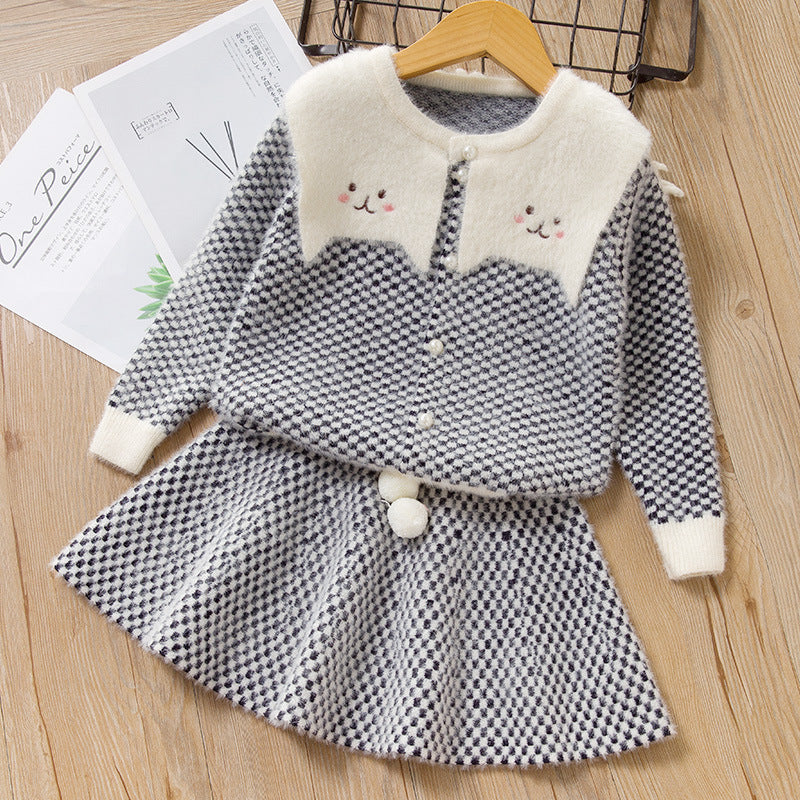 Cute autumn baby and toddler skirt suit baby girl cartoon chidori grids cute cat sweater skirt suit for street stalls