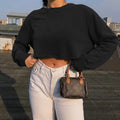 European and american  women's fashion new arrival: solid color, loose fit, slimming, cropped basic long sleeve lightweight sweatshirt jacket - in stock