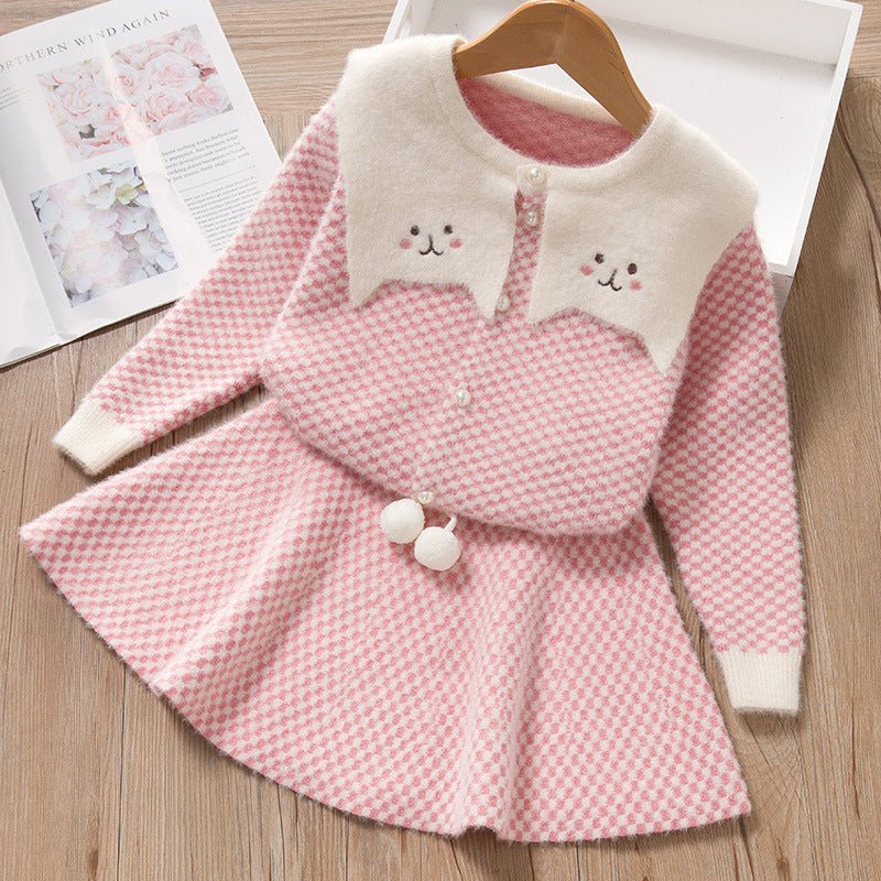 Cute autumn baby and toddler skirt suit baby girl cartoon chidori grids cute cat sweater skirt suit for street stalls