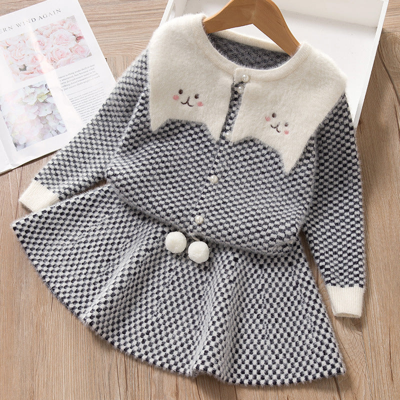 Cute autumn baby and toddler skirt suit baby girl cartoon chidori grids cute cat sweater skirt suit for street stalls