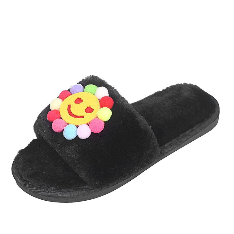 Korean designer cartoon plush home slippers - women's cute macaron warm cotton slippers - smiley face slippers
