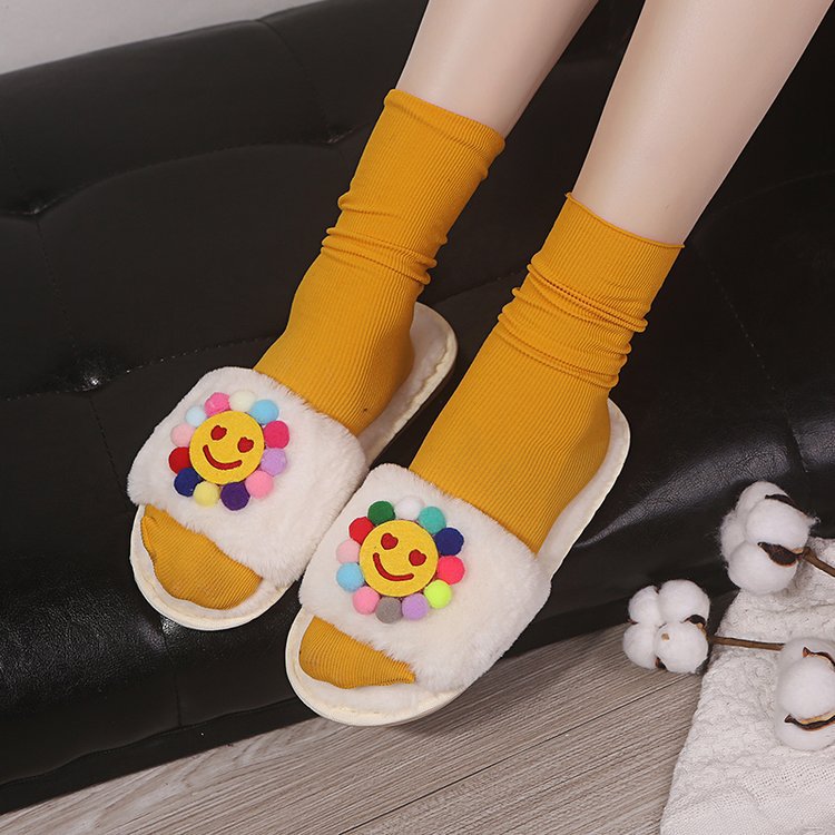 Korean designer cartoon plush home slippers - women's cute macaron warm cotton slippers - smiley face slippers