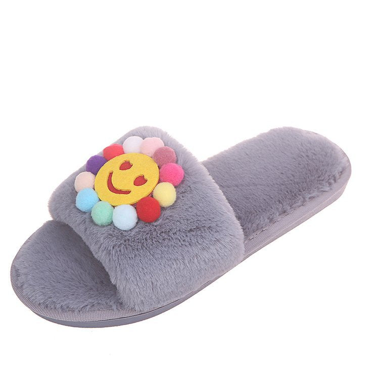 Korean designer cartoon plush home slippers - women's cute macaron warm cotton slippers - smiley face slippers