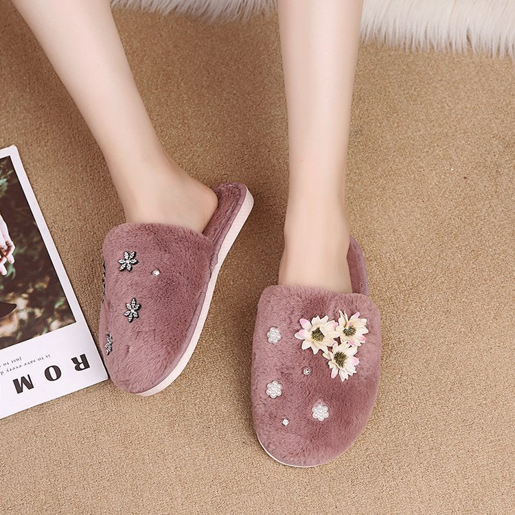 Korean style floral plush closed-toe slippers - women's comfortable, durable, indoor pearl home slippers