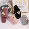 Korean style floral plush closed-toe slippers - women's comfortable, durable, indoor pearl home slippers