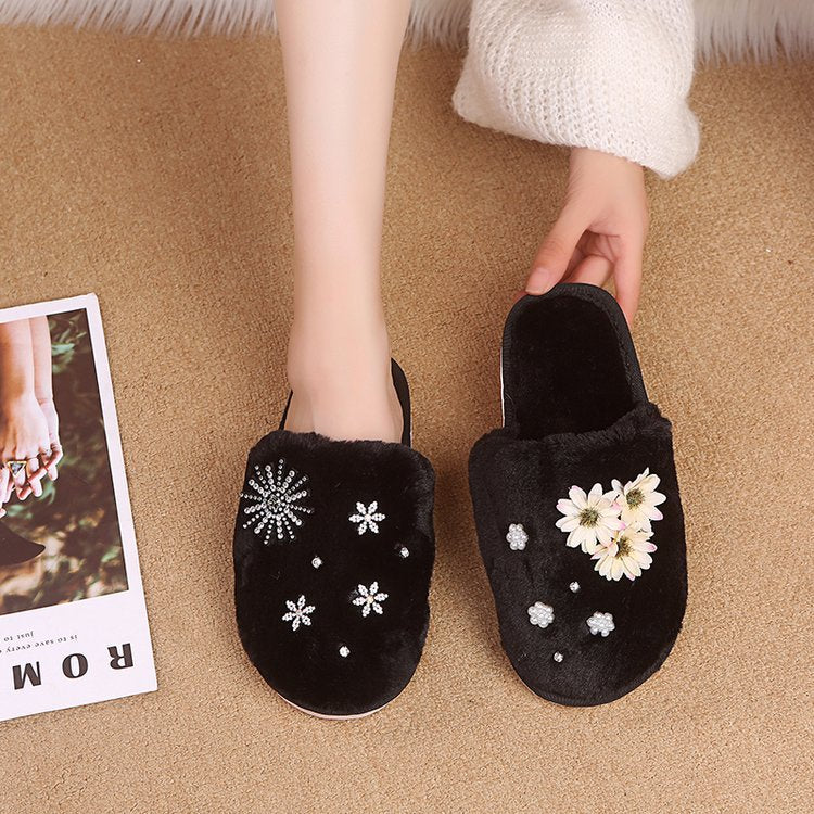 Korean style floral plush closed-toe slippers - women's comfortable, durable, indoor pearl home slippers